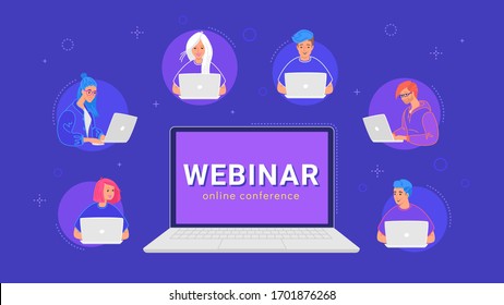 Webinar online conference. Concept flat vector illustration of young various teenagers using laptop for remote learning and working online. Group of young people staying at home and working remotely