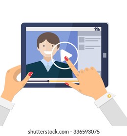 Webinar, online conference, e-learning.  Video player - online education on tablet computer. Vector illustration in flat style.