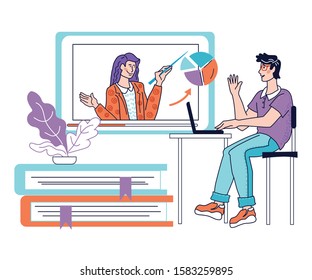 Webinar or online conference, lectures and education in internet with people cartoon characters. Man using computer to join online tutorial or business training flat vector illustration isolated.