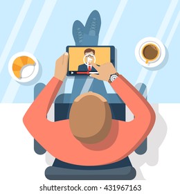 Webinar, online conference, lectures, education  and training in internet. Distance learning. Vector illustration flat design. Online presentation. Businessman hand tablet touching the screen.