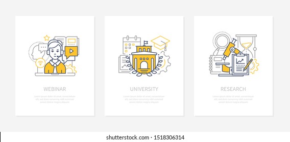 Webinar, online conference, lecturing concept icons set. University, higher education idea line illustrations. Science report, research analysis, calculations isolated outline drawings. Education