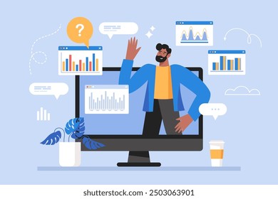 Webinar and online conference meeting business concept. Modern vector illustration of businessman presentation and data analyzing