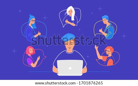 Webinar online conference and video streaming. Concept flat vector illustration of happy young man sitting with laptop and connectiong to his friends for chatting, remote learning and storytelling