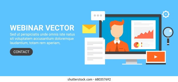 Webinar - online conference - webcast flat vector banner with icons isolated on blue background