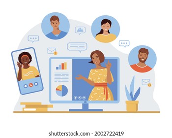 Webinar, online coomunication. Online video conferencing meeting. A working group of people is talking on the Internet, Online training. Stay safe at home, quarantine concept. Vector illustration