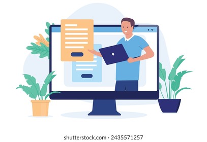 Webinar and online course - Man in computer screen holding internet presentation and lecture with documents. E-learning and remote work concept in flat design vector illustration with white background