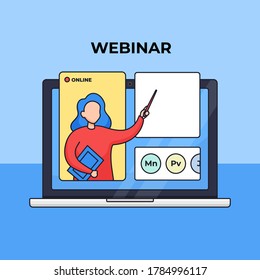 Webinar online course modern digital distant education concept vector illustration. Teacher presenting lesson from monitor laptop screen outline cartoon style flat design.
