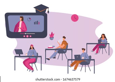 Webinar and Online Courses.Freelancers Working on Computers.E-Learning and Online Education.Students with Laptops.Online Teacher on Huge Computer Monitor with Graduation Cap.Vector illustratio