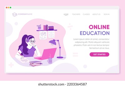 Webinar, online education concept with a woman, computer, lamp, and books. Landing page template, vector illustration in flat style. Simple colorful vector design, layout, online workshop
