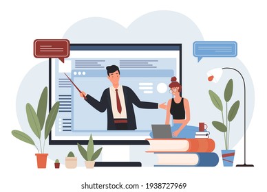 Webinar and online education course online vector illustration. Cartoon man teacher or professor character training teaching, girl student sitting on books stack with laptop to study isolated on white