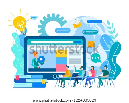 Webinar and online education courses, the teacher teaches a group of students online. Vector illustration.