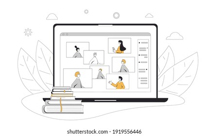 Webinar. Online education. Digital learning. People talking to each other on computer screen. Teacher and students. Internet lecture or online video training. Vector color line art flat illustration.