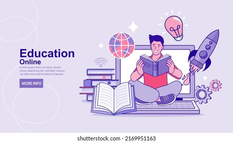 Webinar and online education. Distance learning, recorded classes, video tutorial metaphors. online educational. Home education, remote university graduation. e-learning and podcast. Vector flat.