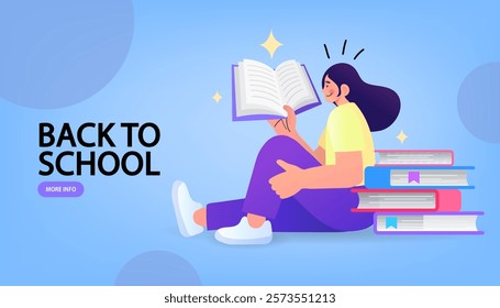 Webinar and online education. Distance learning, recorded classes, video tutorial metaphors. online educational. Home education, remote university graduation. e-learning and podcast. girl sitting book