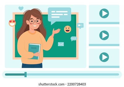 Webinar online education. Female teacher explaining, video on screen. School and online learning concept, Cute vector illustration in flat cartoon style