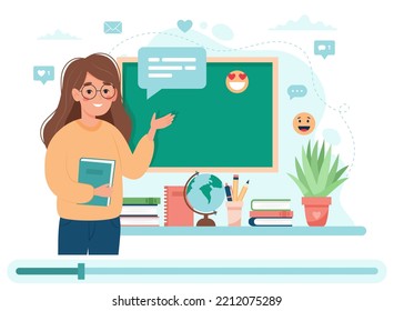 Webinar online education. Female teacher explaining, video on screen. School and online learning concept, Cute vector illustration in flat cartoon style