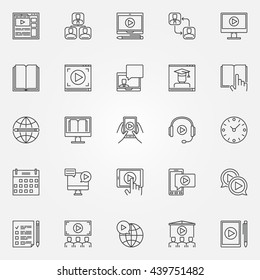 Webinar and online education icons. Vector set of thin line training courses symbols or logo elements. Online e-learning signs
