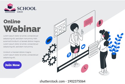 Webinar, Online Education Social Media Design for Business, Education purpose- modern simple and clean vector design template-layout-easy to edit-isometric cartoon characters-teacher and student
