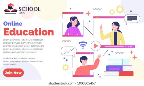 Webinar, Online Education Social Media Design for Business, Education purpose- modern colorful vector design template-easy to edit-isometric cartoon characters-red-yellow-purple-boys-girls-teacher