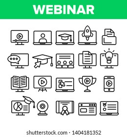 Webinar, Online Education Vector Linear Icons Set. Webinar, Conference, Distance Learning Outline Symbols Pack. Internet Courses, Lessons. E-Learning, Digital Library Isolated Contour Illustrations