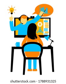 Webinar, online learning. Student in learning process, back view, sitting behind his desk studying online using his computer. Flat vector illustration with work table.Teacher teaches student online.