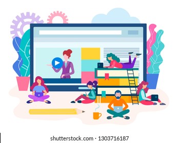 Webinar, online lesson, a group of students preparing for exams with the help of online seminars and trainings. Vector illustration for social media marketing.