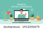 webinar online meeting concept, remote working or work from home and anywhere, man using video conference via laptop computer screen, flat vector illustration