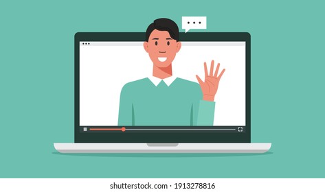 webinar online meeting concept, remote working or work from home and anywhere, man using video conference via computer laptop screen, flat vector illustration