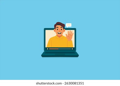 webinar online meeting concept, remote working or work from home and anywhere, man using video conference via computer laptop screen, flat vector illustration.