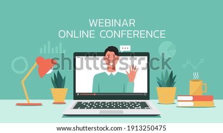 webinar online meeting concept, remote working or work from home and anywhere, man using video conference via laptop computer screen, flat vector illustration