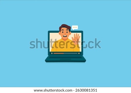 webinar online meeting concept, remote working or work from home and anywhere, man using video conference via computer laptop screen, flat vector illustration.