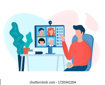 Webinar, Online Meeting Concept Vector Illustration. Home Office, Web Conference With Colleagues And Friends.