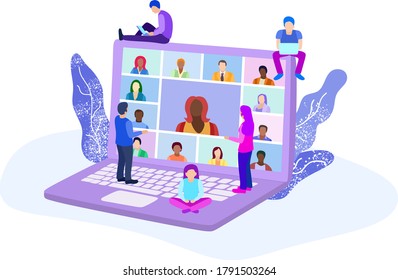 Webinar, online meeting concept vector flat illustration. Home office, web conference with colleagues and friends. Conference video call, remote project management, quarantine, chat with friends. 