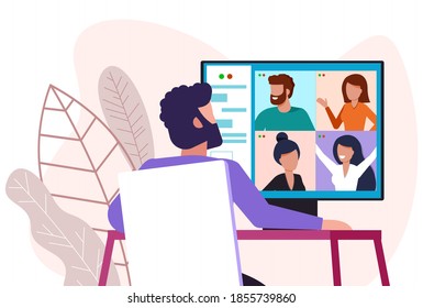 Seminario web, ilustración vectorial de concepto de reunión en línea. Home Office, conferencia web con colegas y amigos.