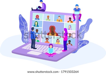 Webinar, online meeting concept vector flat illustration. Home office, web conference with colleagues and friends. Conference video call, remote project management, quarantine, chat with friends. 