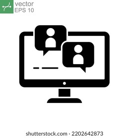 Webinar, online meeting education. Monitor screen with discussion dialog symbol for Virtual classroom on streaming in web or application. Solid Vector illustration. Design on white background. EPS 10