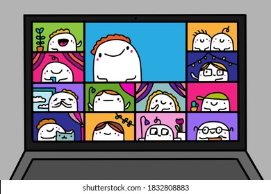 Webinar Online Meeting Hand Drawn Vector Illustration In Cartoon Comic Style People Together Talking Laptop Computer