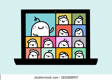 Webinar online meeting hand drawn vector illustration in cartoon comic style people together talking laptop computer