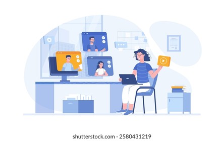 Webinar, online meeting, virtual conference on video call. People communicate online. Vector illustration with characters in flat design for web banner.	