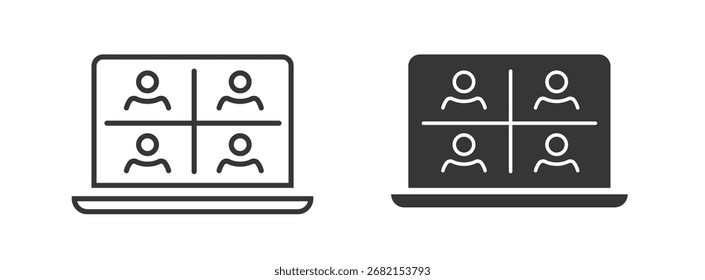 Webinar on-line no ícone do pc laptop linha traço esboço arte gráfico ilustração conjunto, sólido negrito vídeo virtual chamada reunião no símbolo do sinal do computador pictograma design simples, seminário discussão eletrônica