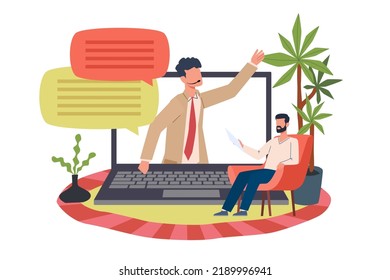 Webinar online, remote control, conference or training in internet. Huge laptop with teacher on screen, man listening to lesson from home, video course. Vector cartoon flat style concept