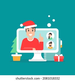Webinar, online сlass, remote team work concept. Learn and study via teleconference or video course. People avatars  and speaker with Santa hat on computer screen. Christmas holiday home work