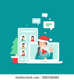 Webinar, Online-с, Remote-Teamwork-Konzept. Lernen und studieren Sie per Telefonkonferenz oder Video. Menschen Avatare und Lautsprecher mit Weihnachtsmütze auf Computerbildschirm. Weihnachtsferienwohnung