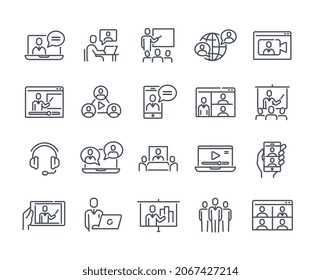 Webinar or online seminar set of icons. Thin stickers with video conference, presentation and remote work. Design elements for apps. Cartoon flat vector collection isolated on white background