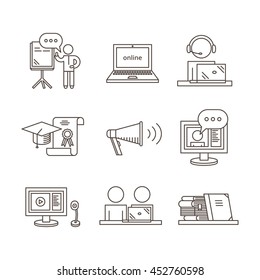 Webinar and Online Seminar thin line Icons. Distance education concept, vector set.