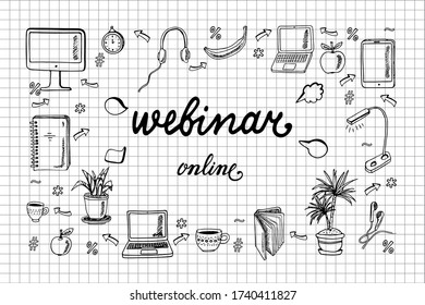 Seminario web. En línea. Conjunto de doodles aislados sobre fondo blanco. Plantilla para postales, banner, afiche, diseño de páginas web. Ilustración vectorial dibujada a mano.