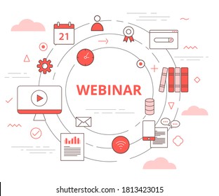 Webinar-Online-Unterrichtskonzept mit Symbolset-Vorlagenbanner mit modernem orangefarbenem Stil
