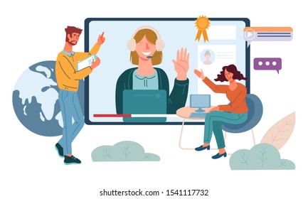 Webinar, online training or internet based seminar banner with people cartoon characters using distance communication technology. E-learning and remote education. Flat vector illustration isolated.