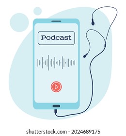  Seminario web, formación en línea, programa de radio o concepto de podcast de audioblog. Teléfono móvil con auriculares. Estilo plano.