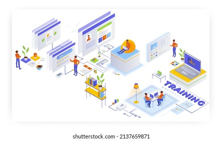 Webinar, online training, remote education, seminar, distance learning, flat vector isometric illustration.